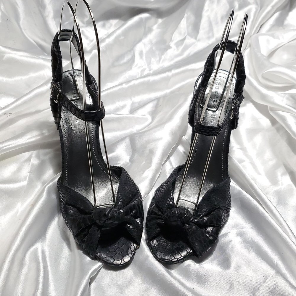NEW APOSTROPHE black strappy snakeskin print sling back open toe heels MALEK 9 - Picture 2 of 5